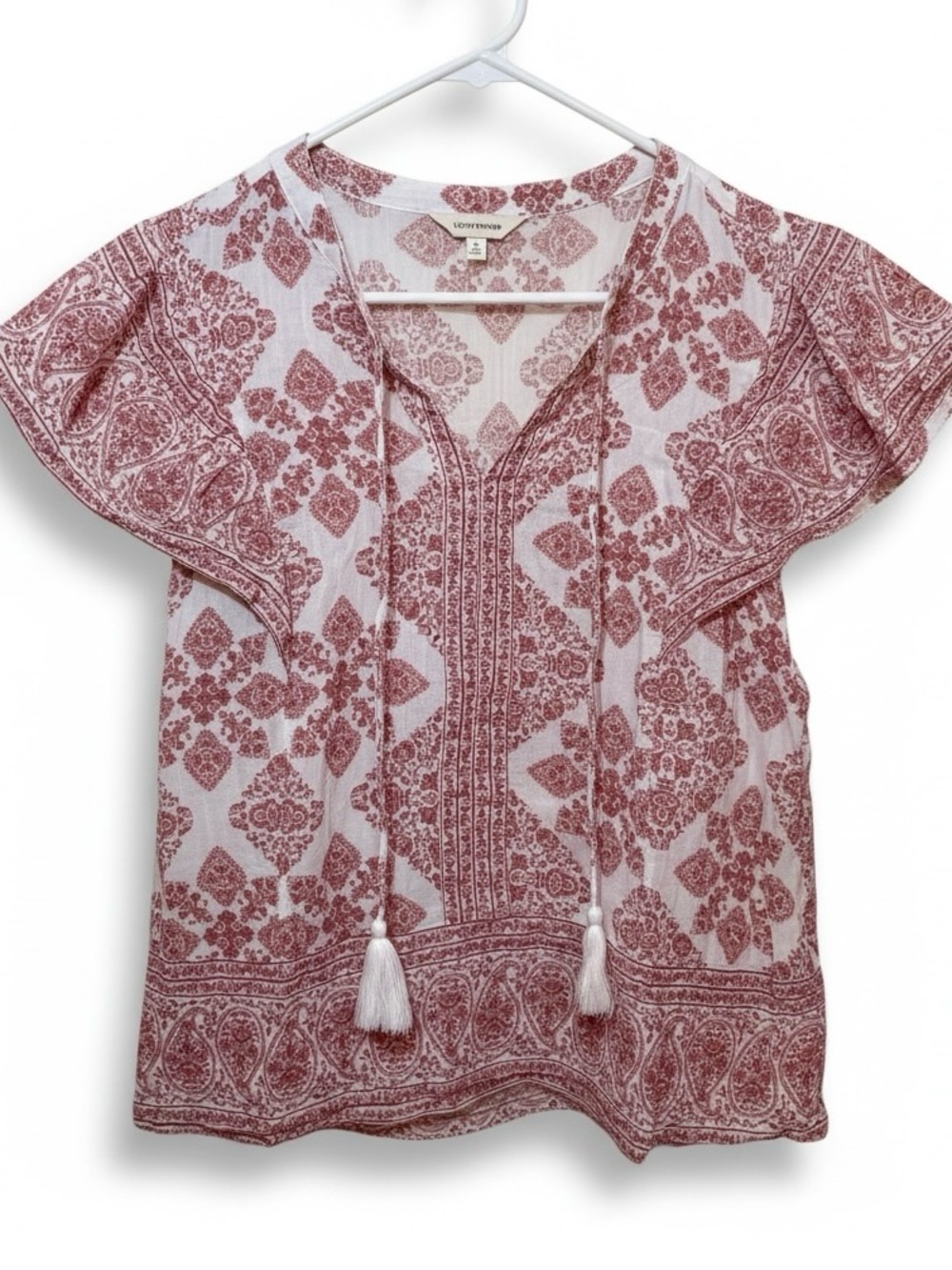 Lucky Brand Women's Red Print Tassel Peasant Top Boho